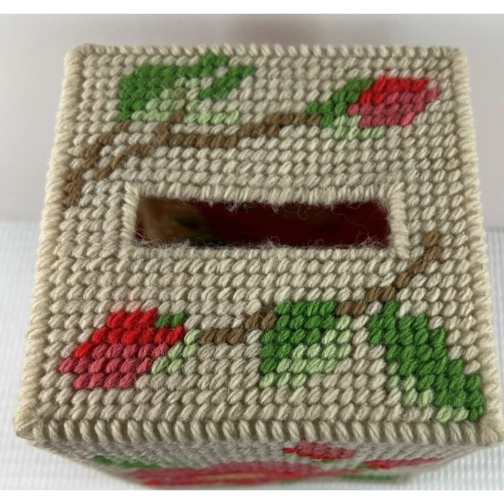 Vintage Needlepoint Tissue Cover Box Floral Plastic Canvas Finished Decor Granny